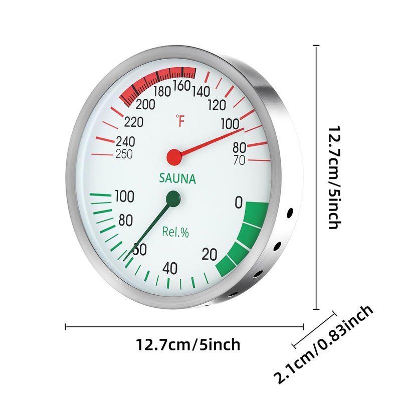 defull Stainless Steel Sauna Hygrometer Thermometer with Color-Coded Dial 5" Large Display,70-250°F, 0-100%,Heat-Resistant,Easy to Read Humidity Temperature Gauge for Home Spa, Steam Rooms - Image 2